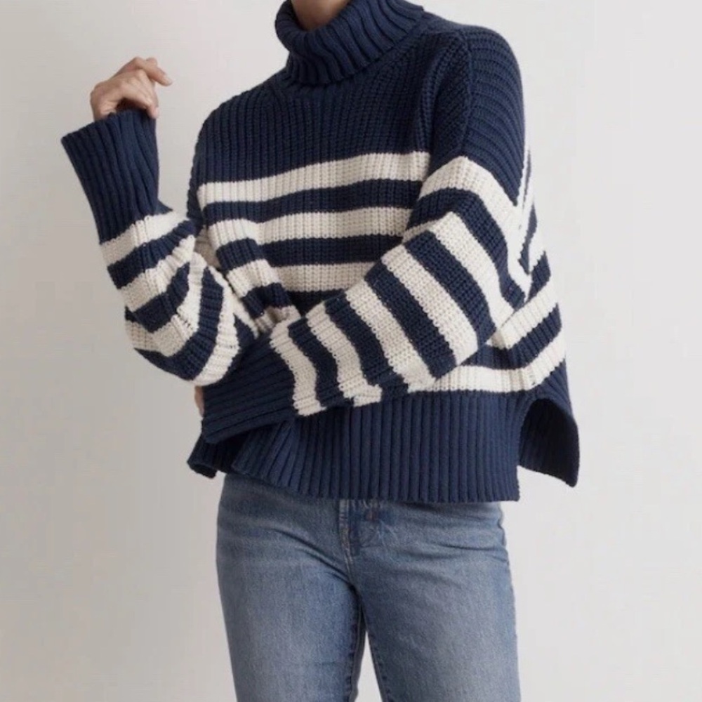 Madewell Navy and Cream Striped Ribbed Turtleneck Sweater